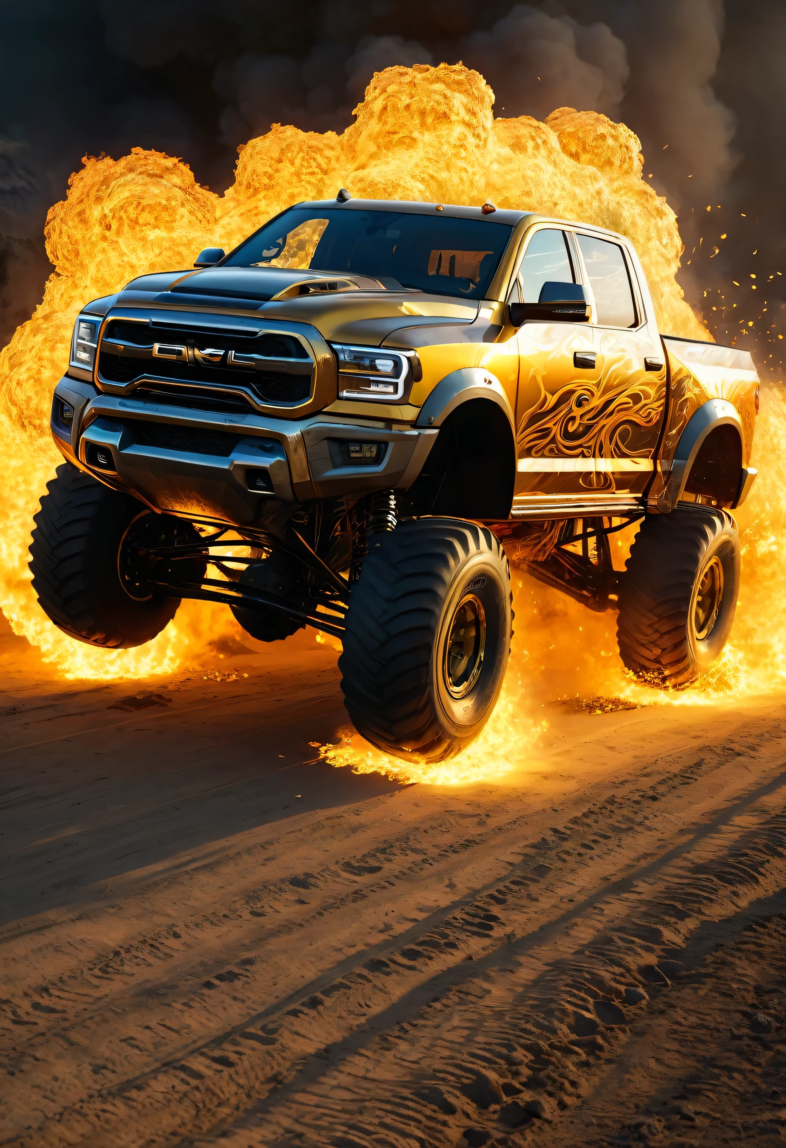 Monster truck ablaze, scales resembling armored skin, roaring flames licking the chassis, captured in the golden ratio, intricate texture work, high octane render, trending on ArtStation, 8K resolution, photorealistic style, soft natural light casting volumetric shadows for a cinematic effect, chiaroscuro technique highlighting the form, award- winning composition reminiscent of oil painting masterpieces by Raphael
