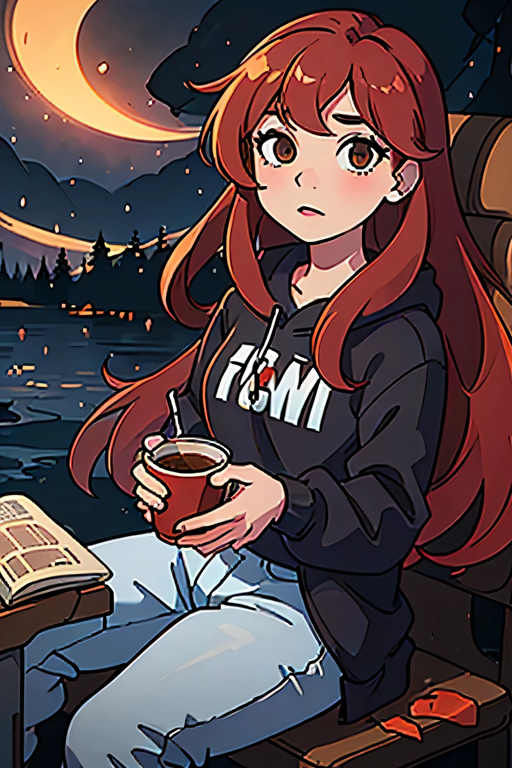 masterpiece, Best quality, Atmospheric perspective, masterpiece, High quality, a high resolution, girl red wavy hair, black sweatshirt, jeans, Brown eyes, winter