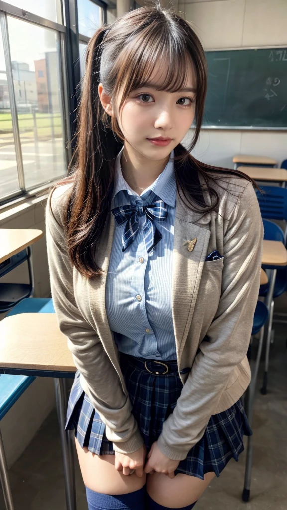 masterpiece, best quality, illustration, Super detailed, fine details, High resolution, 8K,wall paper, perfect dynamic composition,(Details High quality, realistic depiction of eyes:1.3), High School Classroom、High school girl uniform、blazer 、Super Short Check Uniform Skirt、Navy blue high socks、garterbelts、Colossal tits、Disturbed uniform, ponytail, black hair color, large breasts, Big Natural Color Lip, bold sexy pose, (perfect body shape), crying a little、cold gaze, Harajuku style、20 year old girl、cute type, beautiful legs, hposing Gravure Idol