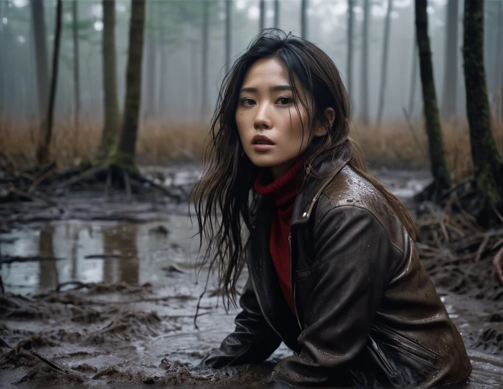 8k, ultra-detailed, grainy film photo, masterpiece,muted colors, muffled light, dark dusk:1.1, rainy, horror:1.1, dark noir:1.2, messed face,natural skin texture, brown turtleneck sweater, swallowed by bog, faded leather jacket, looking towards,woman drowning in forest mud bog, messy long brunette hair, depraved,asian:0.5,beige, brown, red, from side view