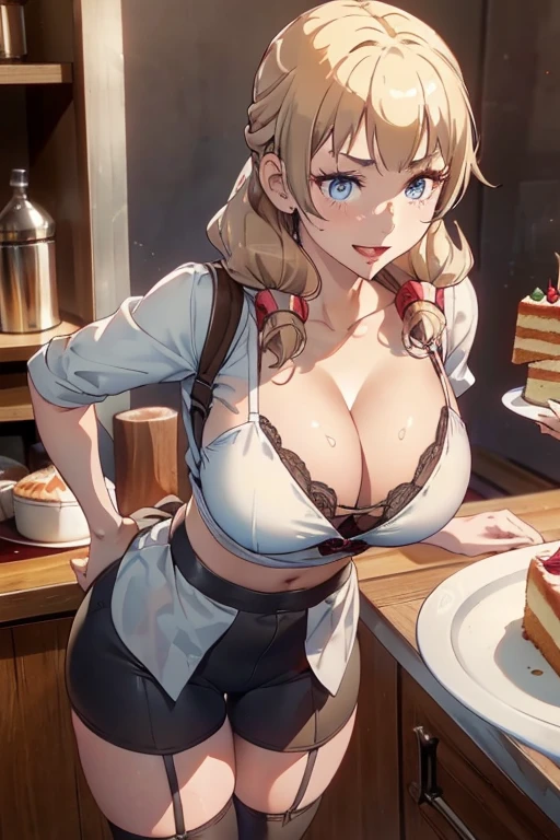 (dynamic angle:1.3, front view:1.1, breast focus:1.3, from above:1.1), (dynamic posing:1.2, sexy posing:1.2), (seductive smiling:1.3), ((looking at cake,Taking a cake out of the golden oven, worried about the outcome:1.2)),highest quality、(real、photorealistic:1.4),(ultra high resolution, 8K RAW photo, clear focus), best qualtiy, natural lighting, field depth, (Bright pupils, detailed beautiful eyes, high detailed face), Red lip, (tight focus:1.2), a girl 22yo old, Wearing a pastry chef uniform:1.3 , Thicc, thin breast, long hair, blue eyes,garter stocking, cleavage:1.2, midriff, black shorts, black thighhighs, thigh strap, pretty girl, (highly detailed beautiful face and eyes,firm breasts),real skin,((black,hair,long pony tail hair)),thin pubic hair,cute,lovely, detailed eyes,(double breasted:1.0,under bust:1.0),(with sparkling eyes and a contagious smile),open mouth, Looking at Viewer,A scene of cooking in the kitchen,looking at the golden oven