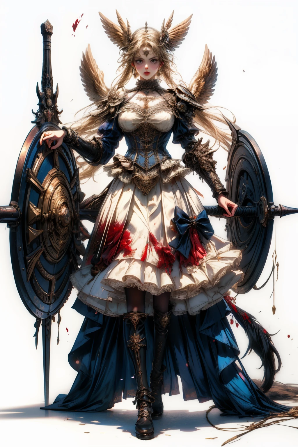 ((best quality)), ((masterpiece)), (detailed), blank white background, plain background, white background, Bloodborne inspired, occult aesthetic, occult, detailed and intricate steampunk and detailed gothic, NSFW, Very dramatic and cinematic lighting, cosmic horror, grim-dark, side-lighting, perfect face, a beaituful goddess valkyrie adorned and enshrined in armour, Bloodborne inspired valkyrie, occult aesthetic valkyrie, occult valkyrie, detailed and intricate steampunk and detailed gothic valkyrie, wielding a sword and shield, NSFW, Fluttering lace flared long knee length dress with frilly petticoats, knee length dress, pleated petticoats, lolita dress, petticoats gothic lolita, side-lighting, gothic lolita aesthetic, beautiful small breasts, small breasts, full body, whole body, body, plain background, white background, blank background, no background, white background NSFW