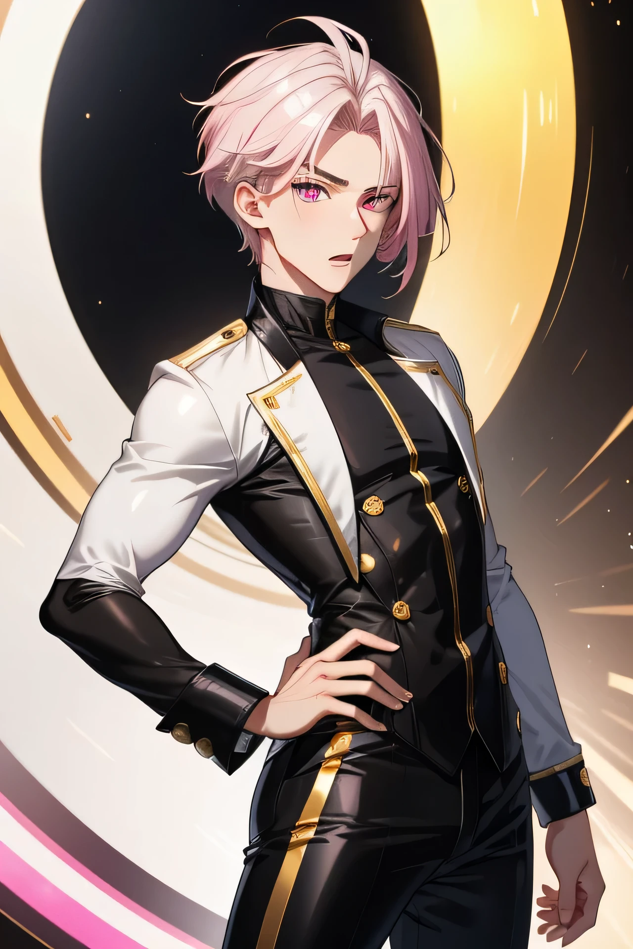 masterpiece, best quality, highres, absurdres, ultra detailed, Male, White skin, oval shaped eyes, Dark pink eyes, Full bright well defined eyebrows, skinny Muscular figure, Spiky tousled hairstyle, Short mid length hair, Bold and glamorous, Off white hair, black and gold jacket, white shirt, black pants, standing, spinning, man, surprised