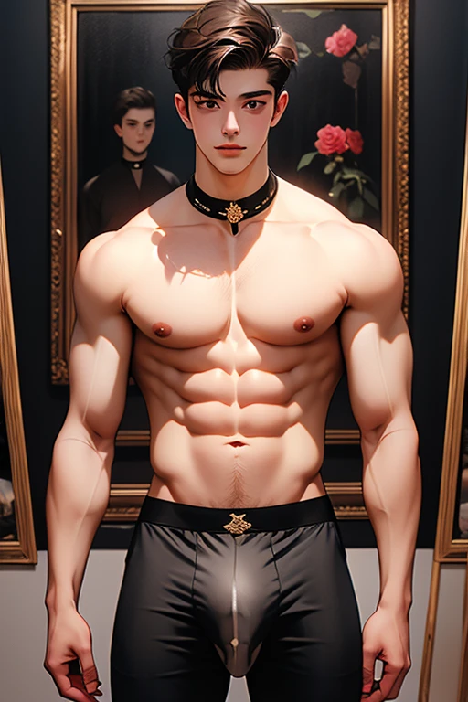 Pencil drawing, academic drawing, (((Two young boys 19 years old))), gives flowers, slender, muscular with large round elastic buttocks , Surrounded among of beautiful young handsome guys, in floral Transparent thin tight panties perfect body, aesthetically pleasing, Erotic, beautiful painting , dim light, high quality thigh , (bulge focus)