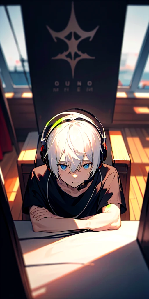 (masterpiece, highest quality),One white-haired boy, Warm lighting playing games and wearing headsets, Black T-shirt, Blurred foreground,Boat face,Confused eyes
