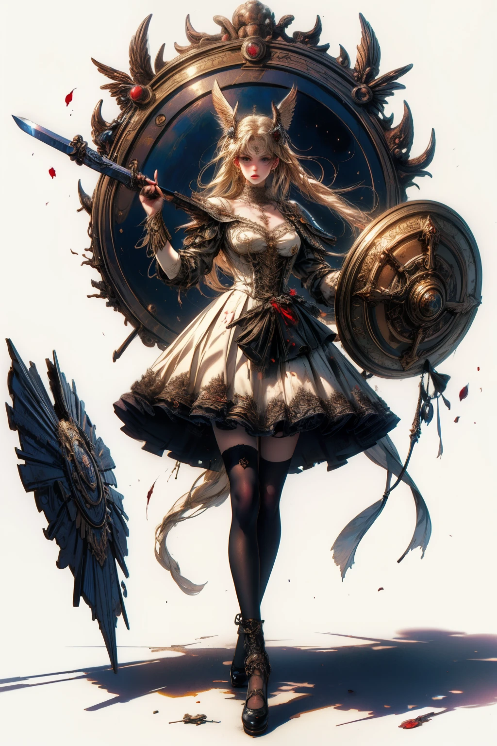 ((best quality)), ((masterpiece)), (detailed), blank white background, plain background, white background, Bloodborne inspired,  occult aesthetic, occult, detailed and intricate steampunk and detailed gothic, NSFW, Very dramatic and cinematic lighting, cosmic horror, grim-dark, side-lighting, perfect face, a beaituful goddess valkyrie adorned and enshrined in armour, Bloodborne inspired valkyrie, occult aesthetic valkyrie, occult valkyrie, detailed and intricate steampunk and detailed gothic valkyrie, wielding a sword and shield, NSFW, Fluttering lace flared long knee length dress with frilly petticoats, knee length dress, pleated petticoats, ta dress, petticoats gothic loliside-lighting, gothic lolita aetic, beautiful small breasts, small breasts, full body, whole body, body, plain background, white background, blank background, no background, white background