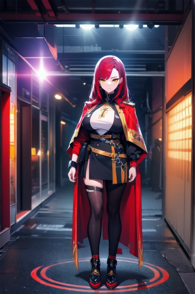 (masterpiece:1.37), woman, mature, extremely detailed eyes and face, long straight hair, (red hair:1.5), yellow eyes, military uniform, cloak, futuristic, science fiction, hologram armband, unicursal hexagram-shaped pupils, standing, large breasts, futuristic, science fiction, hologram armband, best quality, 8k, highres, ultra-detailed, studio lighting, ultra-fine painting, sharp focus, physically-based rendering, extreme detail description, professional, vivid colors, bokeh, extreme attention to detail, tsurime, messy bangs, very long bangs, bright red hair highlights, two-tone hair, full body