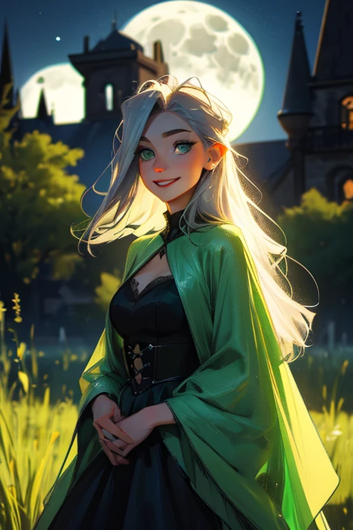 A young silver haired woman with green eyes in a pretty gothic dress is smiling in front of a green full moon