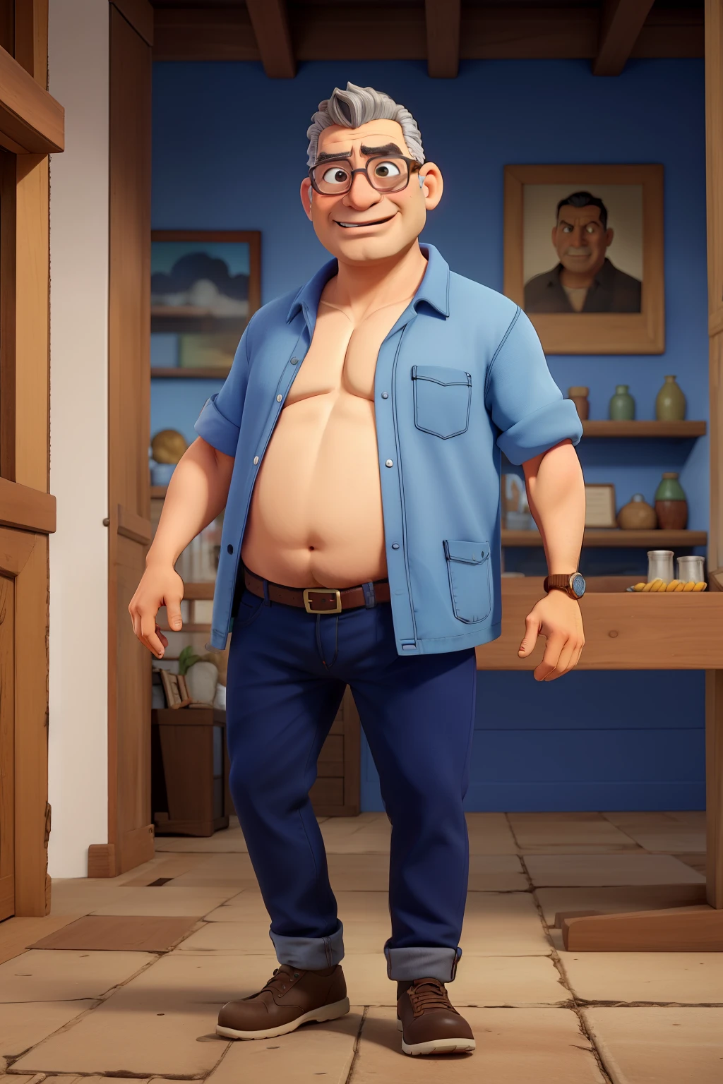Mature man of 60 years, raza latina, piel morena, complexion gordo con algo de panza, pelo entrecano, con barba,
con lentes, en jeans azules, camisa amarilla, tomando un refresco, en un museo de arte barroco