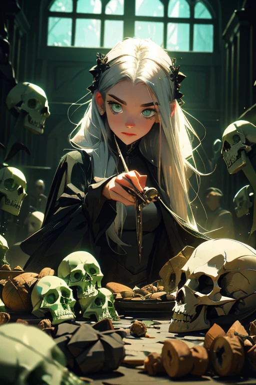 A young silver haired woman with green eyes in a pretty gothic dress is sorting skulls into piles