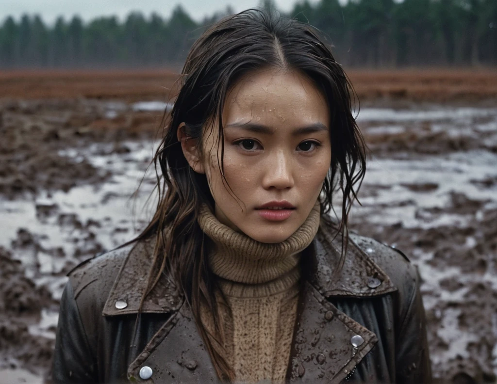 8k, ultra-detailed, grainy film photo, masterpiece,muted colors, muffled light, dark dusk:1.1, rainy, horror:1.1, gloomy:1.2, mud covered face,natural texture, brown turtleneck sweater, swallowed by mud bog, faded leather jacket, looking towards, messy long brunette hair, depraved,asian:0.5,beige, brown, red, from side view