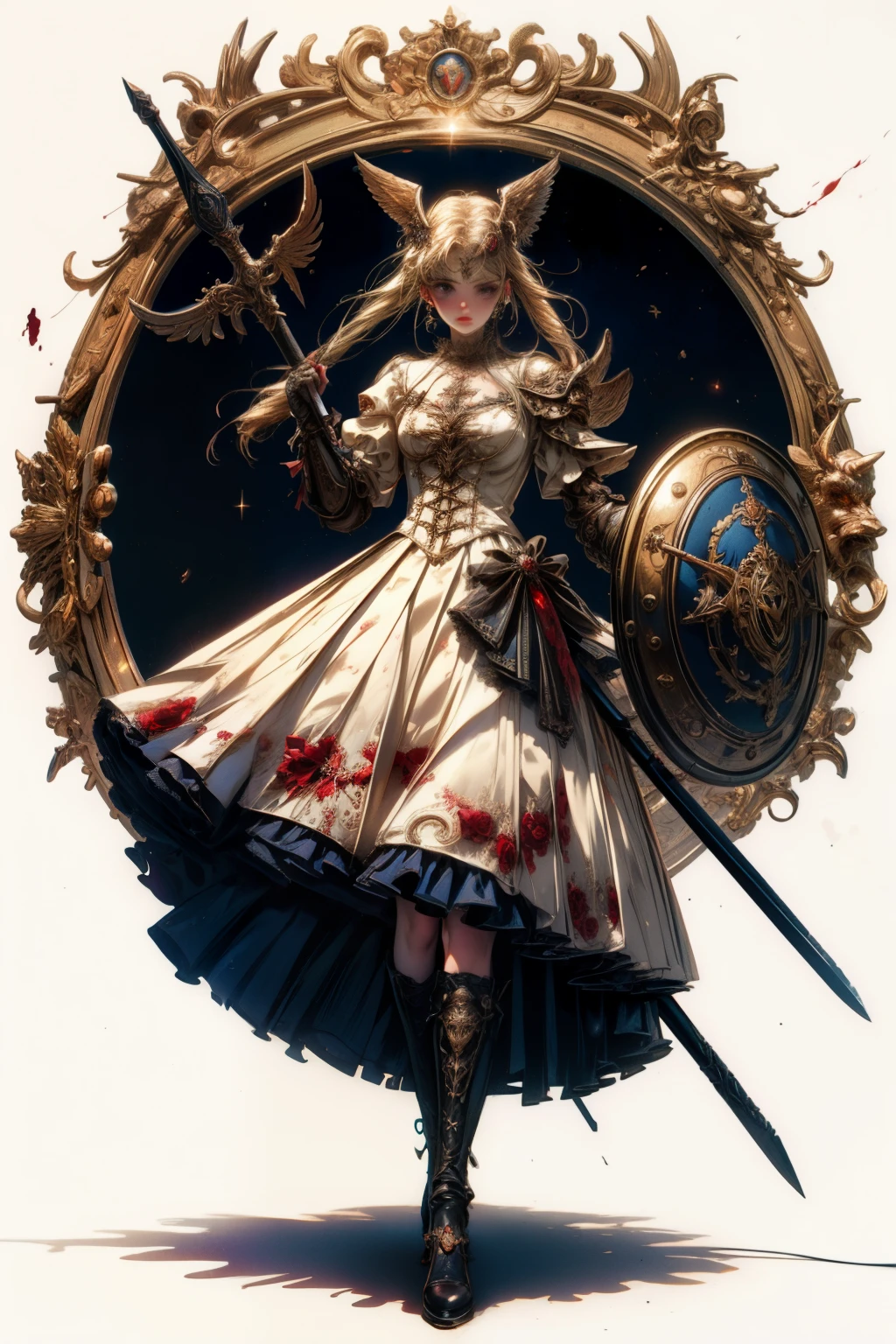 ((best quality)), ((masterpiece)), (detailed), blank white background, plain background, white background, Bloodborne inspired, occult aesthetic, occult, detailed and intricate steampunk and detailed gothic, NSFW, Very dramatic and cinematic lighting, cosmic horror, grim-dark, side-lighting, perfect face, a beaituful goddess valkyrie adorned and enshrined in armour, Bloodborne inspired valkyrie, occult aesthetic valkyrie, occult valkyrie, detailed and intricate steampunk and detailed gothic valkyrie, wielding a sword and holding a shield, NSFW, Fluttering lace flared long knee length dress with frilly petticoats, knee length dress, pleated petticoats, lolita dress, petticoats gothic lolita, side-lighting, gothic lolita aesthetic, beautiful small breasts, small breasts, full body, whole body, body, plain background, white background, blank background, no background, white background NSFW