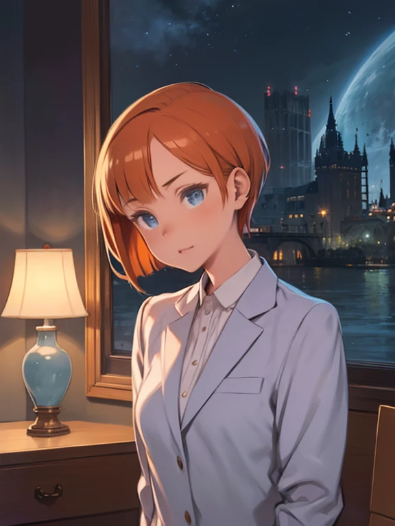 highest quality, (masterpiece:1.2), figure, Absurd, (One girl, alone), (Beautiful detailed girl), ((Upper Body, Portraiture)),, Kaela McMillan, short hair, Orange Hair, blue eyes, Medium chest, blue crystal earrings, White jacket, , nice, Calm, View Viewer,, Elegant bedroom interior, night, window, curtain, Starry Sky, lamp, Bookshelf, nightstand, vase, machine,