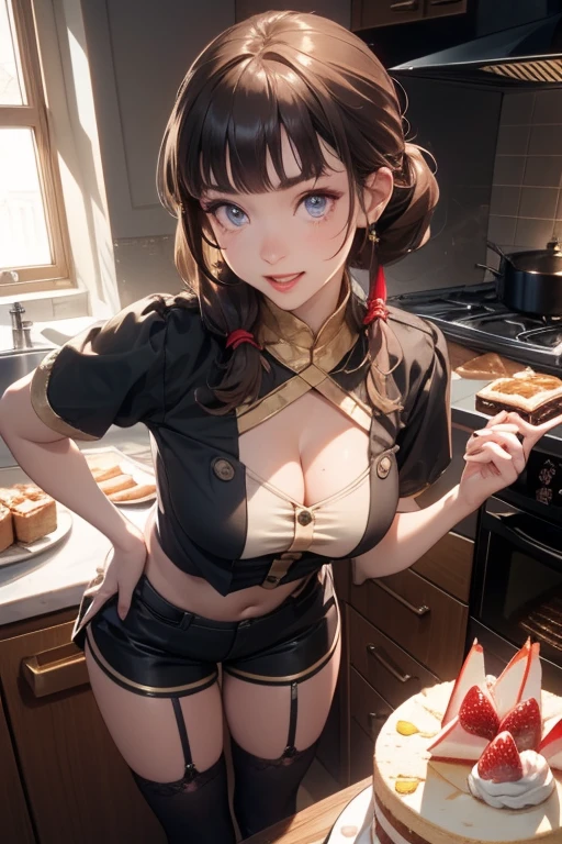 (dynamic angle:1.3, front view:1.1, breast focus:1.3, from above:1.1), (dynamic posing:1.2, sexy posing:1.2), (seductive smiling:1.3), ((looking at cake,Taking a cake out of the golden oven, worried about the outcome:1.2)),highest quality、(real、photorealistic:1.4),(ultra high resolution, 8K RAW photo, clear focus), best qualtiy, natural lighting, field depth, (Bright pupils, detailed beautiful eyes, high detailed face), Red lip, (tight focus:1.2), a girl 22yo old, Wearing a pastry chef uniform:1.3 , Thicc, thin breast, long hair, blue eyes,garter stocking, cleavage:1.2, midriff, black shorts, black thighhighs, thigh strap, pretty girl, (highly detailed beautiful face and eyes,firm breasts),real skin,((black,hair,long pony tail hair)),thin pubic hair,cute,lovely, detailed eyes,(double breasted:1.0,under bust:1.0),(with sparkling eyes and a contagious smile),open mouth, Looking at Viewer,A scene of cooking in the kitchen,looking at the golden oven
