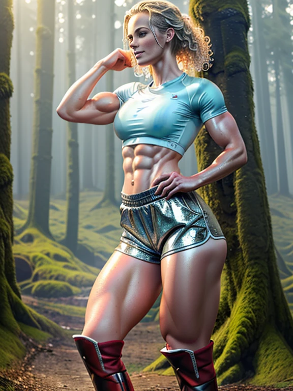 (best quality:1.5), (hyperrealistic:1.5), 8k, uhd, hires, alluring, 1woman, solo, 23_year_old_icelandic_woman, (tall_muscular_toned_body), curly_short_blonde_haired, (red_fitness_metallic_shirt), (blue_fitness_metallic_shorts), (white_fitness_boots), blue_eyed, pale_skin, running_in_snowy_forest, sunny_scenery, front_view, side_view, back_view, wet_body, wet_hair, ripped_abs, smiling