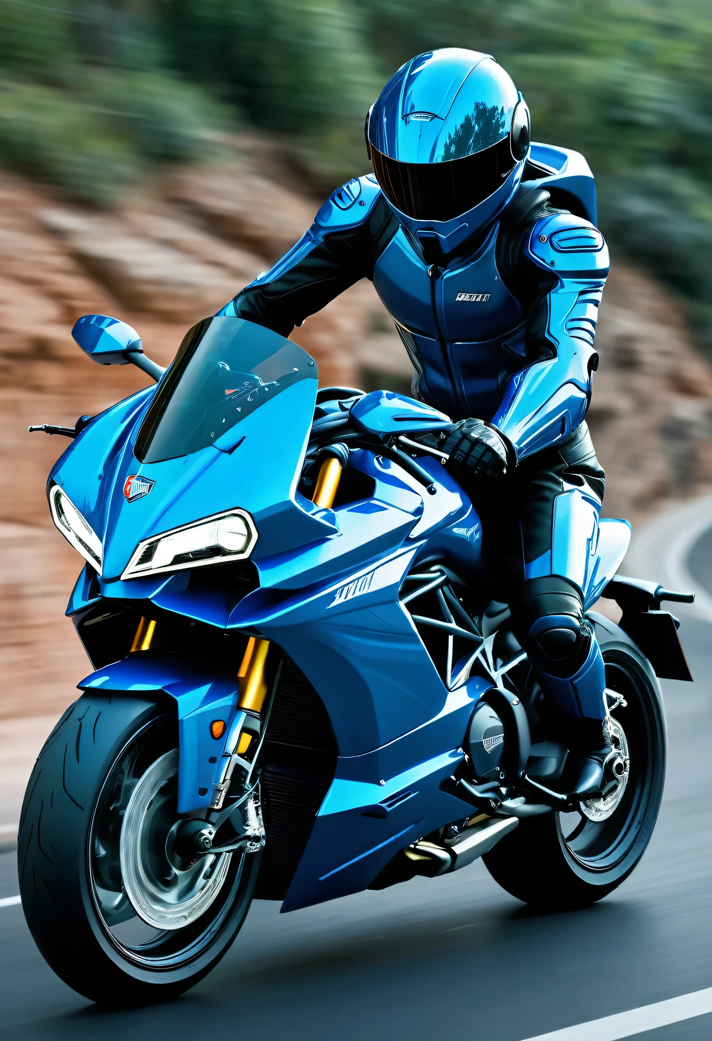 Futuristic blue man in full armor, helmet adorning his head, astride a sleek, minimalistic Ducati motorcycle, blurring past a backdrop that whispers of a world beyond our own, all encapsulated in a high-resolution image reminiscent of the classic Tron style, vivid colors, ultra-clear, octane rendering