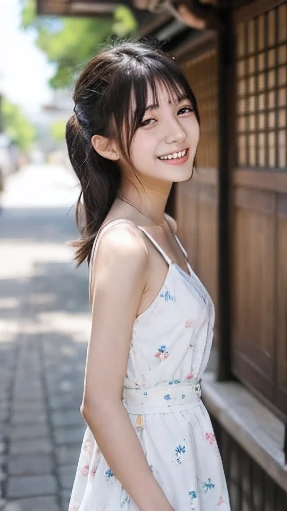 Japanese female, a lot of details, (underweight), 30 years old, detailed black hair, beautiful detailed hair, super fucking beautiful, delicate beautiful face, complex details beautiful and delicate eyes, perfect hands, (flat chest best quality:1.5), perfect and delicate limbs, detailed skin, best quality, ultra-detailed,(cheerful grin:1.5),motorcycle, delightful, smiling, riding motorcycle, messy hair, (Wearing white panties),(Panties are visible),white tank top, denim skirt, ( Scene of running astride a scooter:1.3), japanese, in the village, with a shrine:1.5, low angle shot, gigantic scale