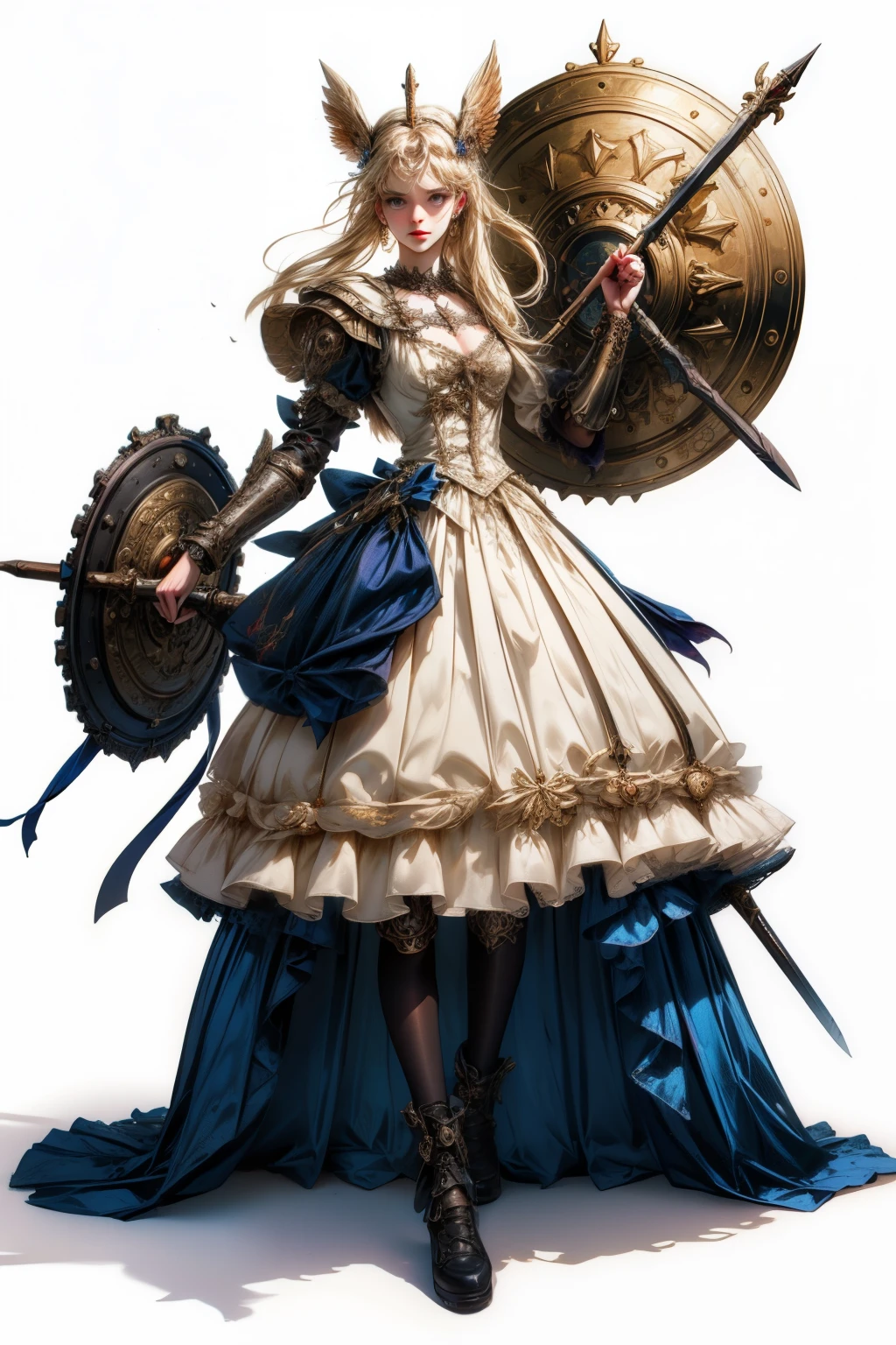 ((best quality)), ((masterpiece)), (detailed), blank white background, plain background, white background, Bloodborne inspired,  occult aesthetic, occult, detailed and intricate steampunk and detailed gothic, NSFW, Very dramatic and cinematic lighting, cosmic horror, grim-dark, side-lighting, perfect face, a beaituful goddess valkyrie adorned and enshrined in armour, Bloodborne inspired valkyrie, occult aesthetic valkyrie, occult valkyrie, detailed and intricate steampunk and detailed gothic valkyrie, wielding a sword and holding a shield, NSFW, Fluttering lace flared long knee length dress with frilly petticoats, knee length dress, pleated petticoats, lolita dress, petticoats gothic lolita, side-lighting, gothic lolita aesthetic, beautiful small breasts, small breasts, full body, whole body, body, plain background, white background, blank background, no background, white background NSFW