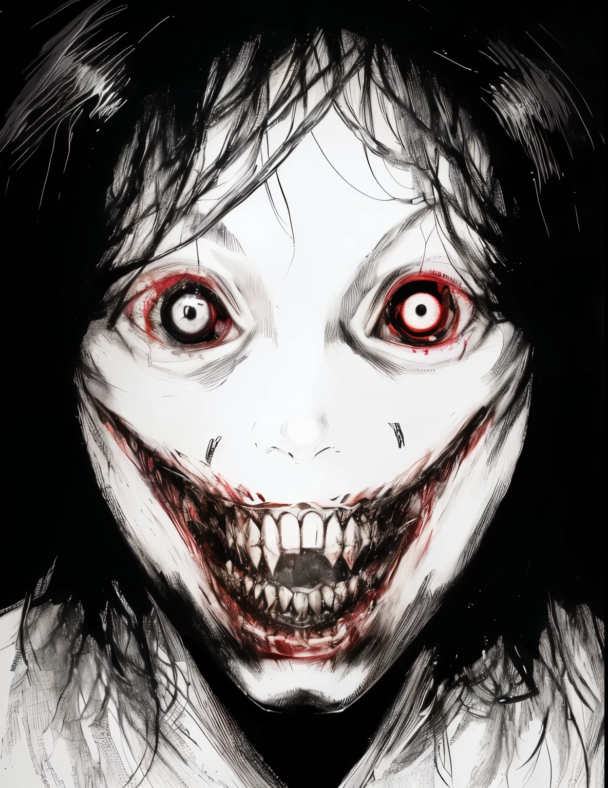 a close up of a drawing of a creepy looking person with a smile, jeff the killer, junji ito 4 k, horror manga, extremely scary, scary smile, horrifying grin. horror, creepypasta, horror smile, junji ito artwork, horror face, scary face, creepy evil smile, evil smile and glowing eyes, art style of junji ito