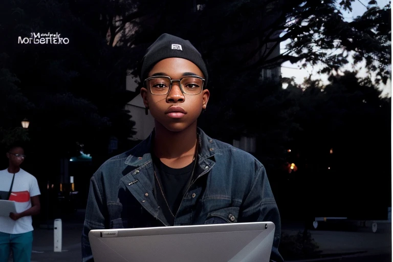 there is a man with glasses and a hat holding a laptop, album art, foto no estilo de tyler mitchell, retrto de alta qualidade, um retrato de @hipnose_uma vez, adolescente negro,