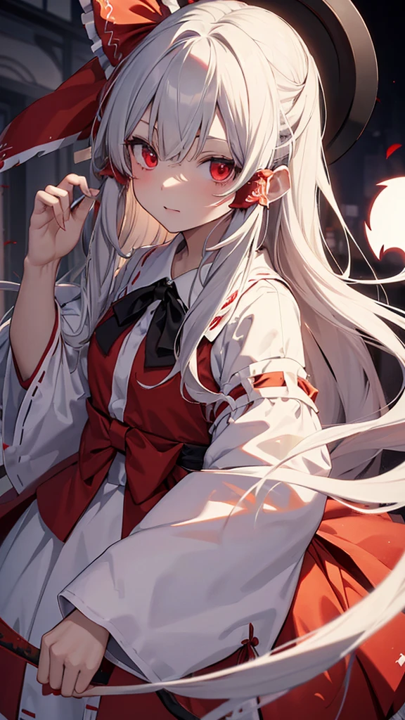 Highest quality　I have long hair　Gray Hair　Konpaku Youmu　Reimu Hakurei　Red eyes　I don't have anything　vampire　Odd Eye　kind　Miko costume　Cat ear　Embarrassed　Background Black　Two people