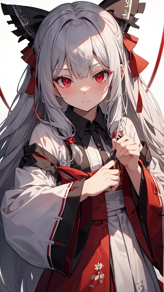 Highest quality I have long hair Gray Hair Konpaku Youmu Reimu Hakurei Red eyes I don't have anything vampire Odd Eye kind Miko costume Cat ear Embarrassed Background Black Two people