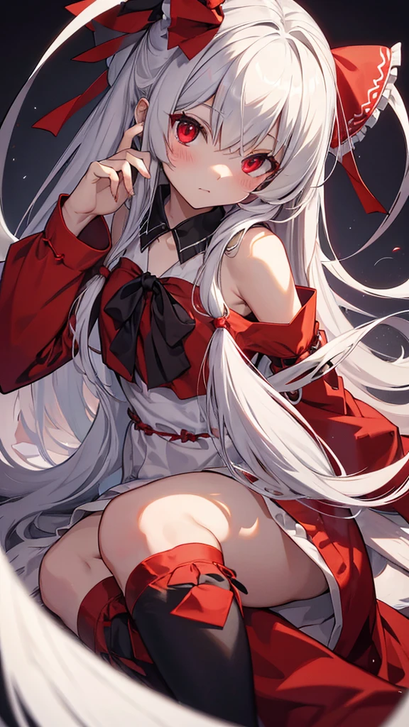 White cat ears, white fox tail, girl, witch costume, white hair, red eyes, shrine