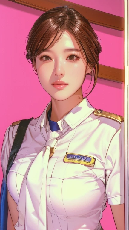 Photo shoot by a professional photographer, UHD, accurate, anatomically correct, masterpiece, textured skin, high details, high quality, 8k, Arabian woman in uniform posing for a photo in a hallway, Girl in uniform, JK Uniform, cute Pilot Girl, Jaeyoung Nam, portrait of cute Pilot Girl, Korean Girls, Beautiful Korean Women, Fan Se-, White Uniform, Gorgeous Young Korean Woman, Wearing the RR Diner uniform, Pilot Girl, Surreal , Young Gi Kim