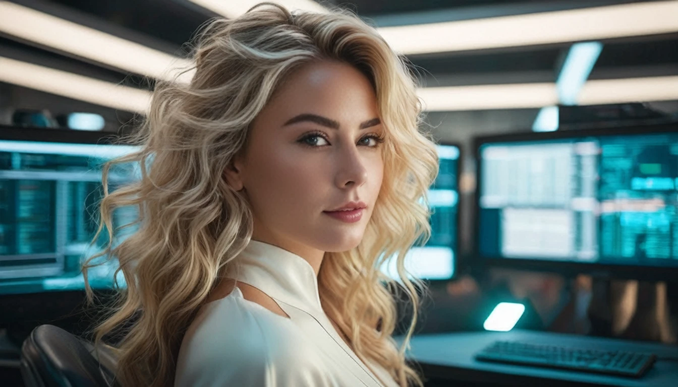 cinematic wide angle full body shot of a stylish european long blonde wavy haired woman wearing (elegant short white dress with bow strap)and sitting in front of a futuristic computer in a programming room, futuristic multi colored cyberpunk styled neuron web in the background.Consistent structure of the character. She has stylish make up and luxury hair style. Highly detailed facial features, full lips, upturned nose, best smile, realistic perfect eyes and face. Photorealistic body and face, highly detailed shiny hair and skin. Sharp focus, depth of field, lifelike textures, best shadows, best quality. Realism, photorealism, hyperrealism, vintage muted color tones, lomochrome, natural lights, cinematic lighting, contrast lighting, best quality, insanely intricate details, hdr, uhd 8k, 35 mm film, analog,((1970s movie style)), retro, vintage color grading,Award - winning photograph, Masterpiece, 16k,hyper detailed,sfumato, chiaroscuro, beautiful woman, perfect face, rule of thirds, highly detailed hair, ((detailed face)), ((detailed facial features)), (finely detailed skin), pale skin, intricate details, amazing fine detail, neutral colors, Soft front light,cinematic lighting, dramatic lighting,dappled light on face, backlight on hair, sharp focus, wide angle, film grain, dslr, raw photo, photographed on Nikon