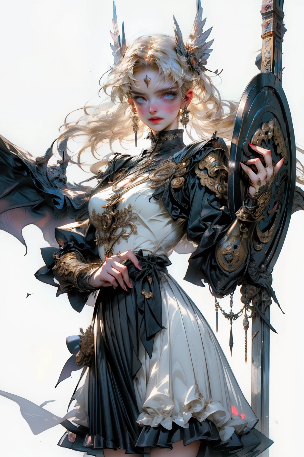 ((best quality)), ((masterpiece)), (detailed), blank white background, plain background, white background, Bloodborne inspired, occult aesthetic, occult, detailed and intricate steampunk and detailed gothic, NSFW, Very dramatic and cinematic lighting, cosmic horror, grim-dark, side-lighting, perfect face, a beaituful goddess valkyrie adorned and enshrined in armour, Bloodborne inspired valkyrie, occult aesthetic valkyrie, occult valkyrie, detailed and intricate steampunk and detailed gothic valkyrie, wielding a sword and holding a shield, NSFW, Fluttering lace flared long knee length dress with frilly petticoats, knee length dress, pleated petticoats, lolita dress, petticoats gothic lolita, side-lighting, gothic lolita aesthetic, beautiful small breasts, small breasts, full body, whole body, body, plain background, white background, blank background, no background, white background NSFW