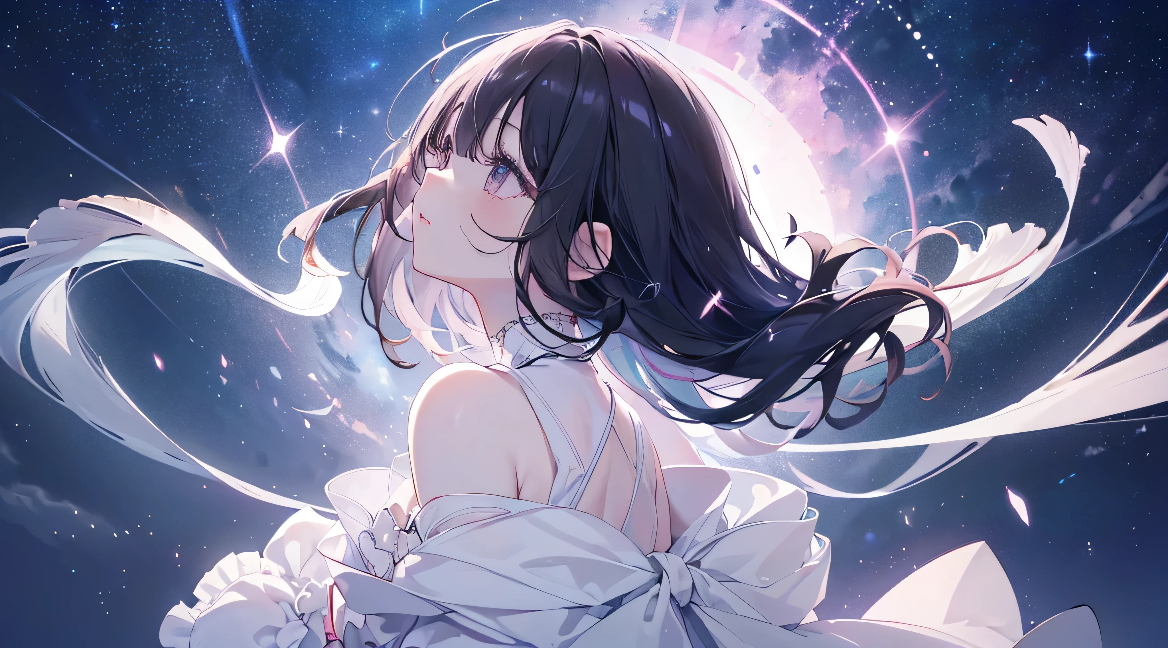 (((Back view、Looking up at the shining night sky))) 、(White clothes), (whole body), (Highest quality、masterpiece、Super fine、Super fine、Exquisite、16k、Full HD) 、mysterious、Black Hair,、((Clear skies)) 、Black Eyes、Long eyelashes、White skin、Pale pink lips、Pale pink cheeks、thin and long)、 ((cute)) ((one person)),