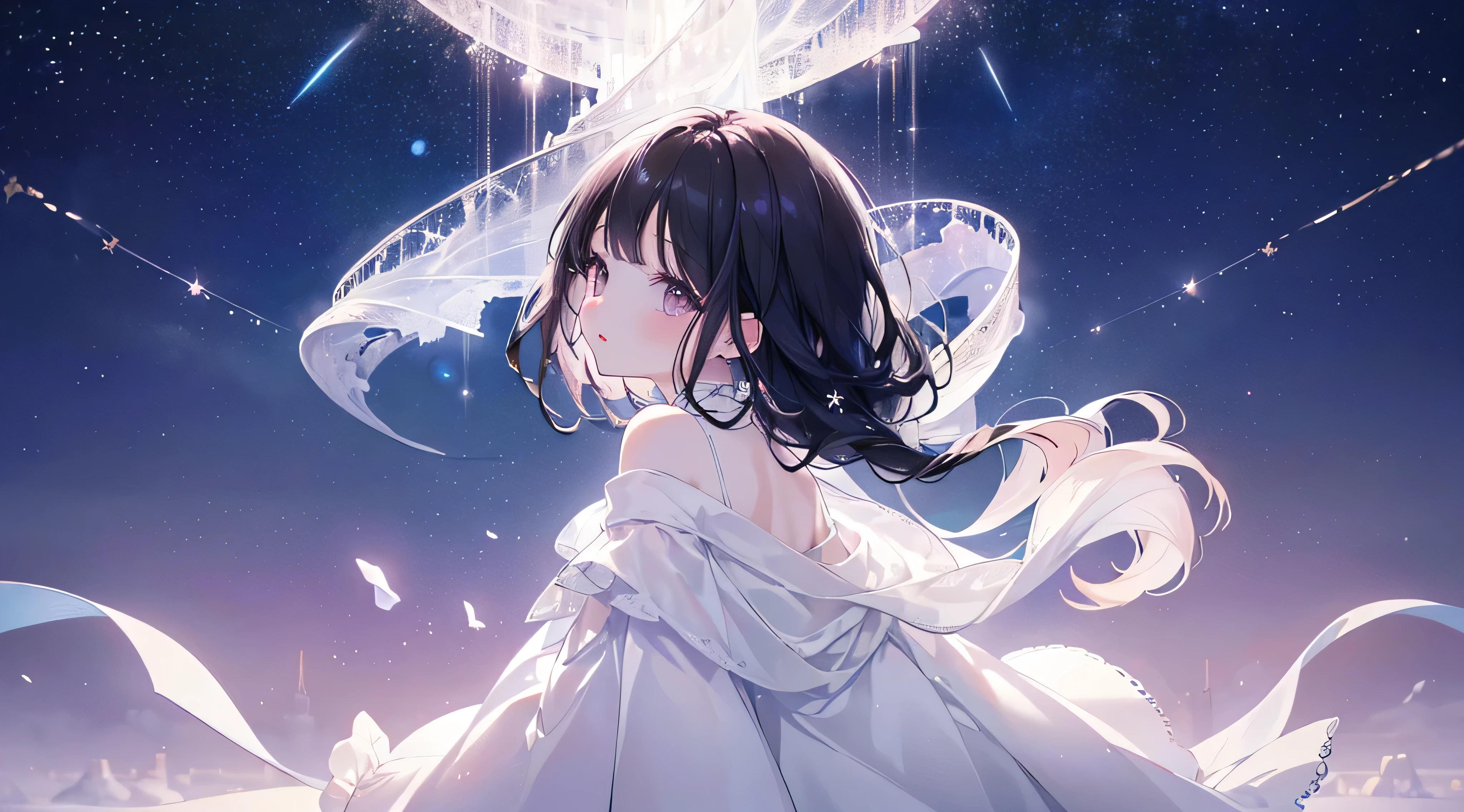 (((Back view、Looking up at the shining night sky))) 、(White clothes), （whole body）, (Highest quality、masterpiece、Super fine、Super fine、Exquisite、16k、Full HD) 、mysterious、Black Hair,、((Clear skies)) 、Black Eyes、Long eyelashes、White skin、Pale pink lips、Pale pink cheeks、thin and long)、 ((cute)) ((one person)),