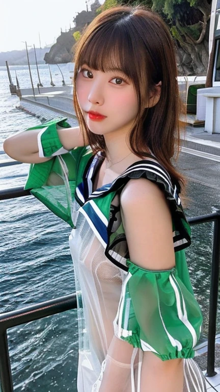 
(Best image quality、highest quality、Highest Resolution、masterpiece、detailed、Actual Photos)、 
(((A see-through mesh sailor suit)))、 
One Japanese girl、 
Cute Japanese Girl、 
Beautiful Japan girl at 18 years old、 
Slender figure、 
Small breasts、 
ponytail、 
The girl is facing the photographer、 
whole body、 
Sexy pose、 
She attracts the attention of men at an outdoor cafe along the California coast.、