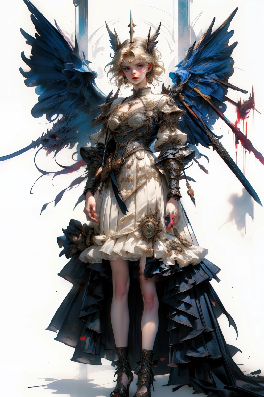 ((best quality)), ((masterpiece)), (detailed), blank white background, plain background, white background, Bloodborne inspired, occult aesthetic, occult, detailed and intricate steampunk and detailed gothic, NSFW, Very dramatic and cinematic lighting, cosmic horror, grim-dark, side-lighting, perfect face, a beaituful goddess valkyrie adorned and enshrined in armour, Bloodborne inspired valkyrie, occult aesthetic valkyrie, occult valkyrie, detailed and intricate steampunk and detailed gothic valkyrie, wielding a sword and holding a shield, NSFW, Fluttering lace flared long knee length dress with frilly petticoats, knee length dress, pleated petticoats, lolita dress, petticoats gothic lolita, side-lighting, gothic lolita aesthetic, beautiful small breasts, small breasts, full body, whole body, body, plain background, white background, blank background, no background, white background NSFW