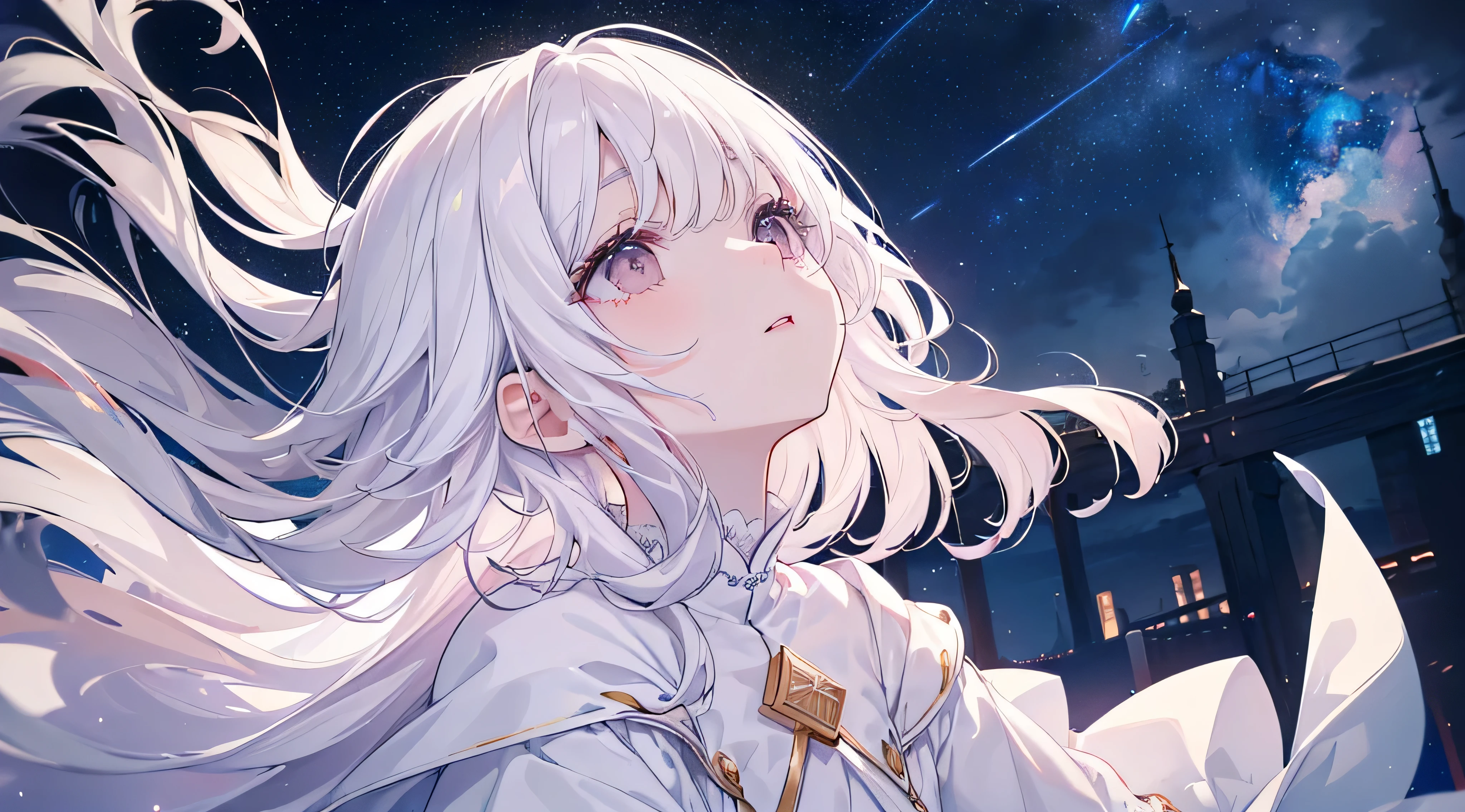 (((Looking up at the shining night sky))) 、(White clothes), (Highest quality、masterpiece、Super fine、Super fine、Exquisite、16k、Full HD) 、mysterious、Black Hair,、((Clear skies)) 、Black Eyes、Long eyelashes、White skin、Pale pink lips、Pale pink cheeks、thin and long)、 ((cute)) ((one person)),
