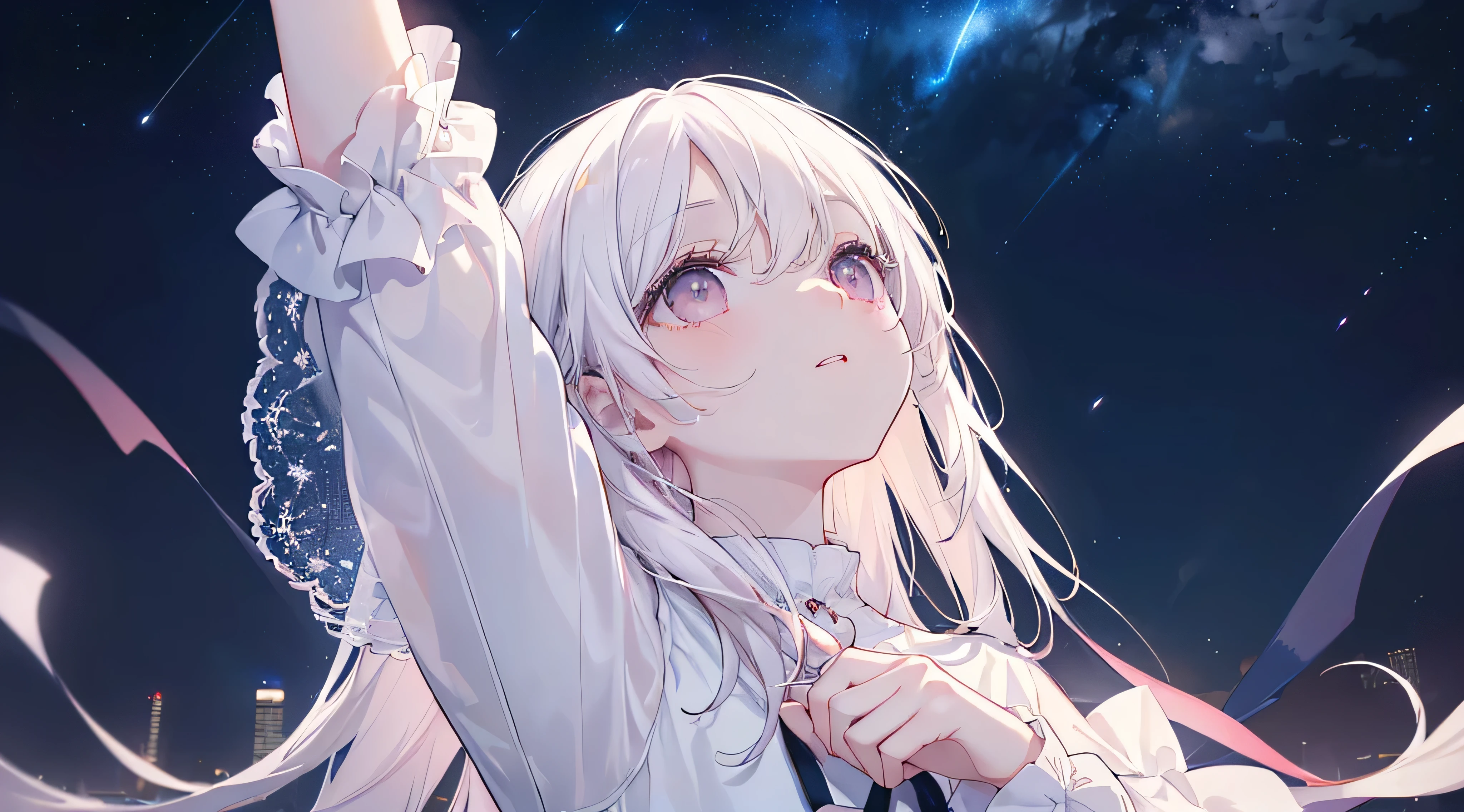 (((Looking up at the shining night sky, I stretch out my hands))) 、(White clothes), (Highest quality、masterpiece、Super fine、Super fine、Exquisite、16k、Full HD) 、mysterious、Black Hair,、((Clear skies)) 、Black Eyes、Long eyelashes、White skin、Pale pink lips、Pale pink cheeks、thin and long)、 ((cute)) ((one person)),