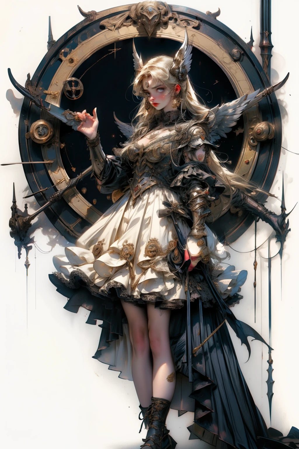((best quality)), ((masterpiece)), (detailed), blank white background, plain background, white background, Bloodborne inspired,  occult aesthetic, occult, detailed and intricate steampunk and detailed gothic, NSFW, Very dramatic and cinematic lighting, cosmic horror, grim-dark, side-lighting, perfect face, a beaituful goddess valkyrie adorned and enshrined in armour, Bloodborne inspired valkyrie, occult aesthetic valkyrie, occult valkyrie, detailed and intricate steampunk and detailed gothic valkyrie, wielding a sword and holding a shield, NSFW, Fluttering lace flared long knee length dress with frilly petticoats, knee length dress, pleated petticoats, lolita dress, petticoats gothic lolita, side-lighting, gothic lolita aesthetic, beautiful small breasts, small breasts, full body, whole body, body, plain background, white background, blank background, no background, white background NSFW