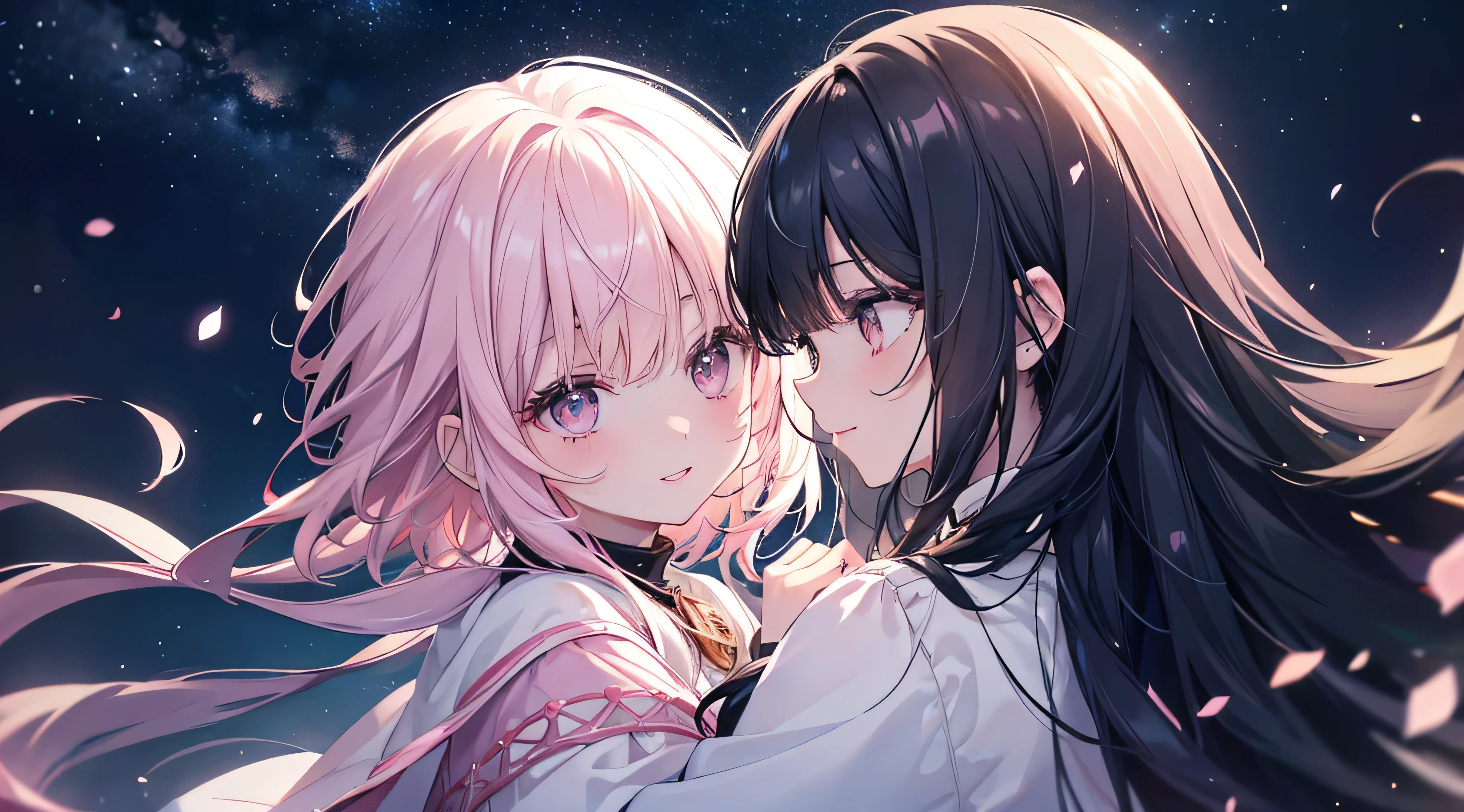 ((profile、look up)) 、Shining Night Sky,(Highest quality、masterpiece、Super fine、Super fine、Exquisite、16k、Full HD) 、((Big Move,happy,fun))mysterious、Black Hair,Soft sunlight、((Clear skies)) 、smile、(Full of energy)Black Eyes、Long eyelashes、White skin、Pale pink lips、Pale pink cheeks、thin and long)、 ((cute)) ((one person)),