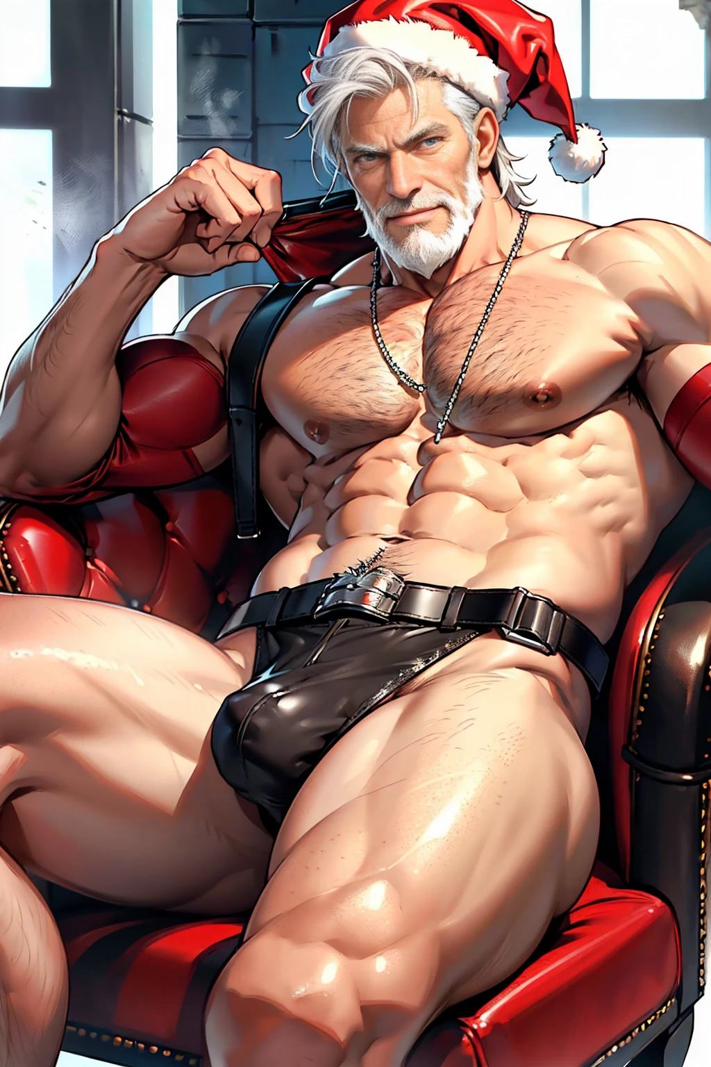 Middle-aged gray-haired man, handsome and detailed face, detailed blue eyes, short white hair, muscular body, white beard, sexy smile, muscular chest with white hair, thick thighs, oily and shiny skin. He is sitting on a red leather chair, legs open wearing a red jockstrap, large bulge in the groin, leather harness, Santa hat, holding a whip in his right hand.