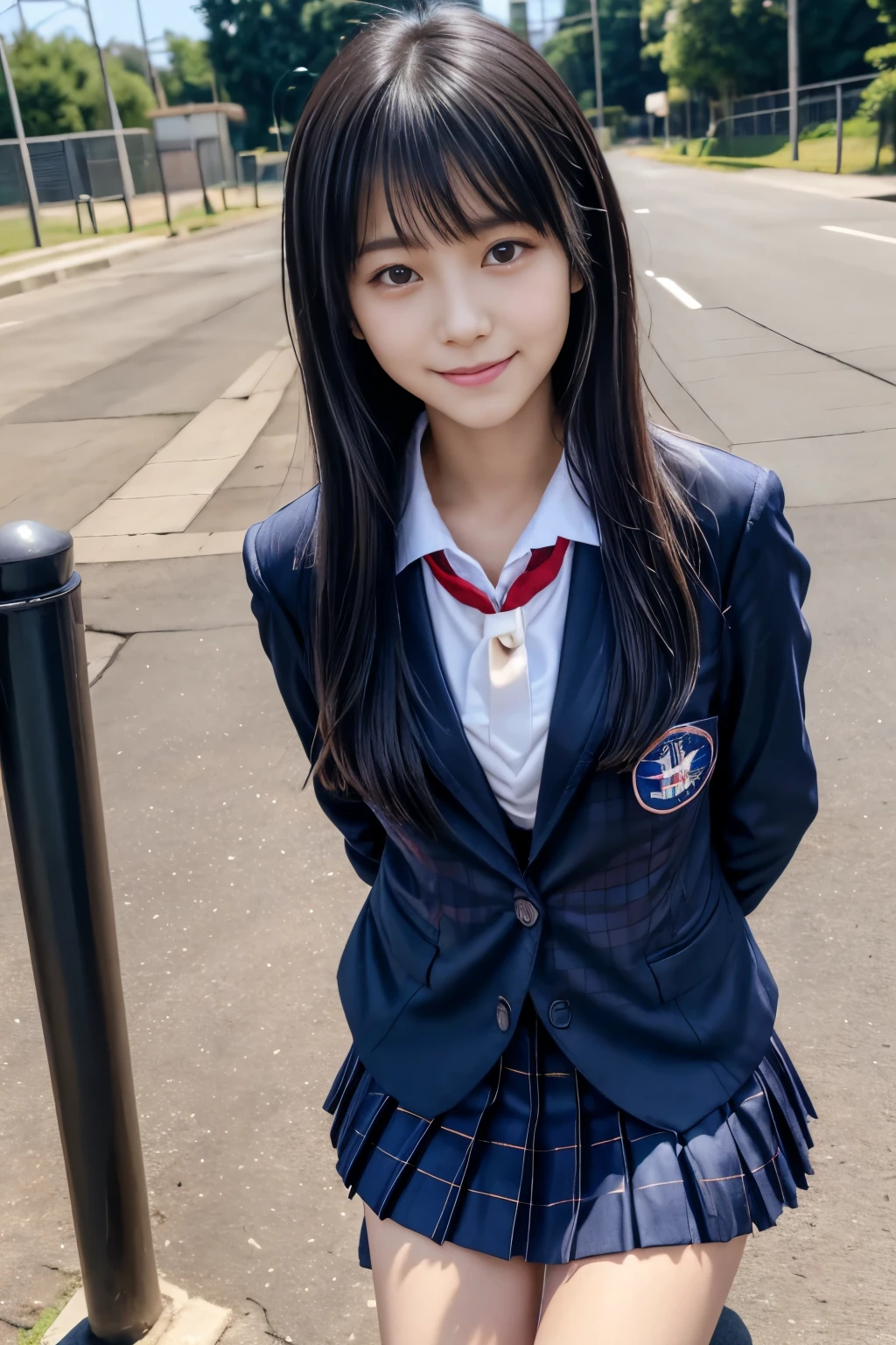 Woman posing for a photo, Japanese Model Model, 16 year old female model, 4K、Bans、Black-haired、Beaver、Mid-length hair、Straight hair、(A dark blue blazer and a red tie, navy check pleated skirt:1.2), (Super cute idol-like face:1.2)、In front of the school main gate、Slim and beautiful figure、Beautiful breasts、Laughter、Esbian all over、School Gate Beautiful Legs、White socks、Wearing loafers、Body facing the viewer、Staring at the audience、, black hair, bangs, ponytail, floating hair, straight hair, light smile, closed mouth, Surrealism, Verism, cinematic lighting, motion lines, UHD, best quality, highres