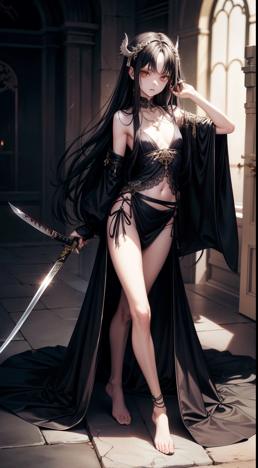 ((best quality)), ((masterpiece)), (detailed), perfect face, Character design, female, long black hair, wearing a black angelic dress with silver details, white eyes, small frame, very skinny, detailed, best quality, no accesoires around the neck, no shoes, prominent collarbones, skinny arms, flat stomach, visible hip bones, full body, fangs, pale skin, angelic, small waist, assassin, bloody scene, holding a katana, assassin