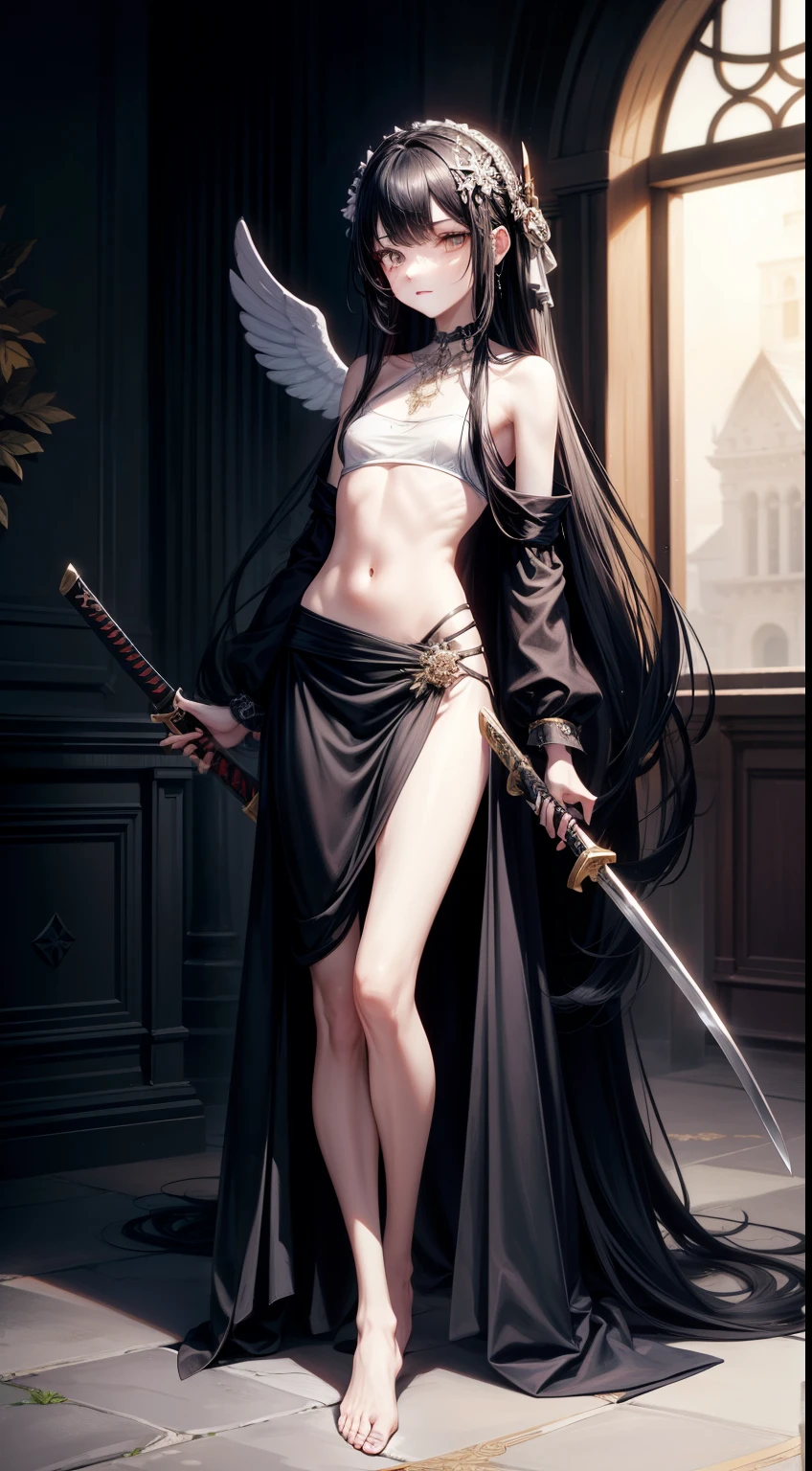 ((best quality)), ((masterpiece)), (detailed), perfect face, Character design, female, long black hair, wearing a black angelic dress with silver details, white eyes, small frame, very skinny, detailed, best quality, no accesoires around the neck, no shoes, prominent collarbones, skinny arms, flat stomach, visible hip bones, full body, fangs, pale skin, angelic, small waist, assassin, bloody scene, holding a katana, assassin