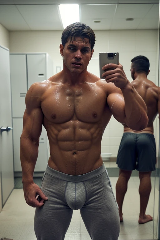 Sweaty sexy muscular man standing in a gym locker room flexing in front of a mirror. He has taken his shirt off and pushed his sweatpants down to his ankles. He is only wearing tight boxer briefs that show his penis bulge plainly. He is flexing in front of the mirror and groaning. Other men are looking at him from afar. 