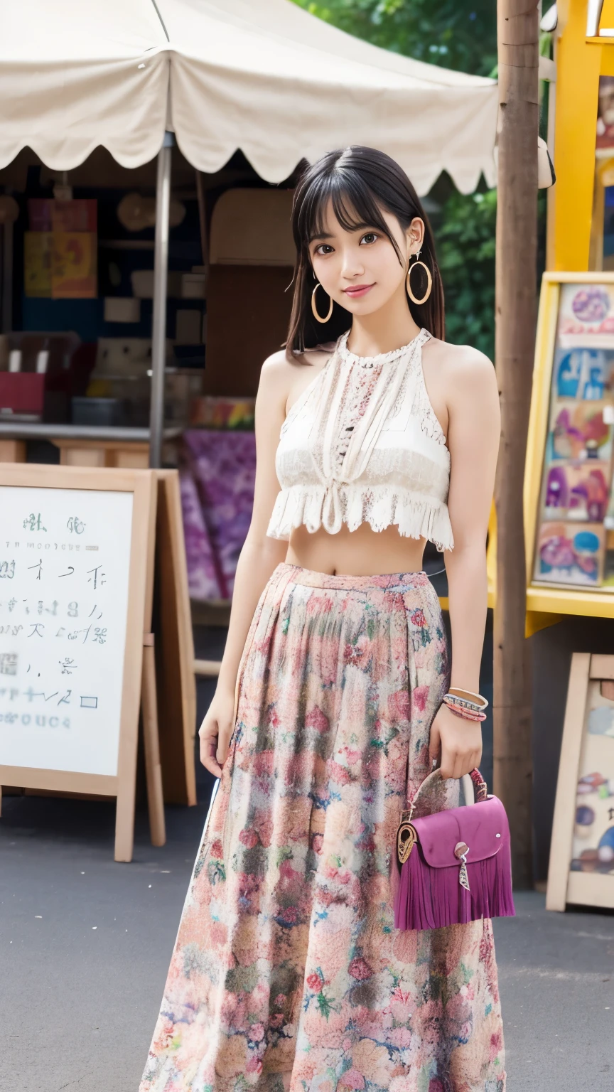 Japanese、Age 25、older sister、A randomly generated person with diverse facial features hairstyle、Perfect Anatomy,amusement park、Fringed crop top、Floral print maxi skirt、Lace-up sandals、Large hoop earrings and bangles、Fringed shoulder bag