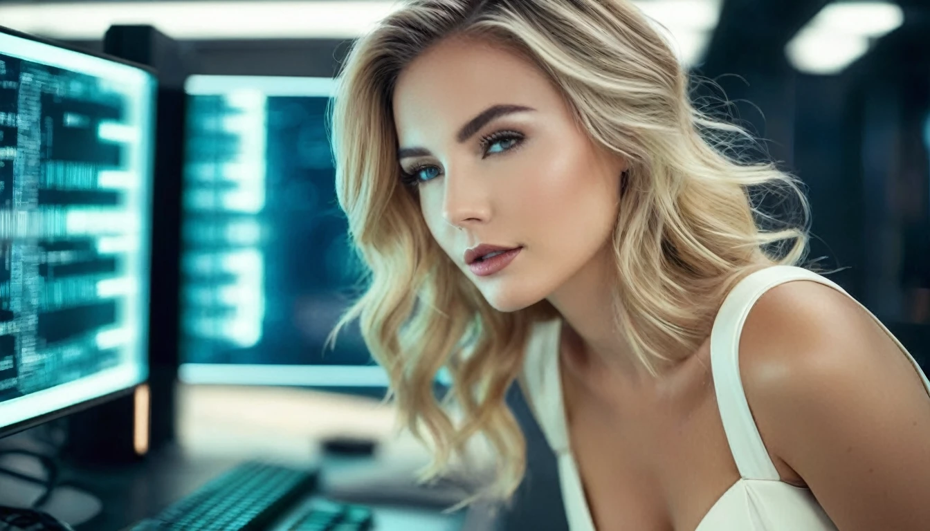 cinematic wide angle full body shot of a stylish european long blonde wavy haired woman wearing (elegant short white dress with bow strap)and sitting in front of a futuristic computer in a programming room, futuristic multi colored cyberpunk styled neuron web in the background.Consistent structure of the character. She has stylish make up and luxury hair style. Highly detailed facial features, full lips, upturned nose, best smile, realistic perfect eyes and face. Photorealistic body and face, highly detailed shiny hair and skin. Sharp focus, depth of field, lifelike textures, best shadows, best quality. Realism, photorealism, hyperrealism, vintage muted color tones, lomochrome, natural lights, cinematic lighting, contrast lighting, best quality, insanely intricate details, hdr, uhd 8k, 35 mm film, analog,((1970s movie style)), retro, vintage color grading,Award - winning photograph, Masterpiece, 16k,hyper detailed,sfumato, chiaroscuro, beautiful woman, perfect face, rule of thirds, highly detailed hair, ((detailed face)), ((detailed facial features)), (finely detailed skin), pale skin, intricate details, amazing fine detail, neutral colors, Soft front light,cinematic lighting, dramatic lighting,dappled light on face, backlight on hair, sharp focus, wide angle, film grain, dslr, raw photo, photographed on Nikon