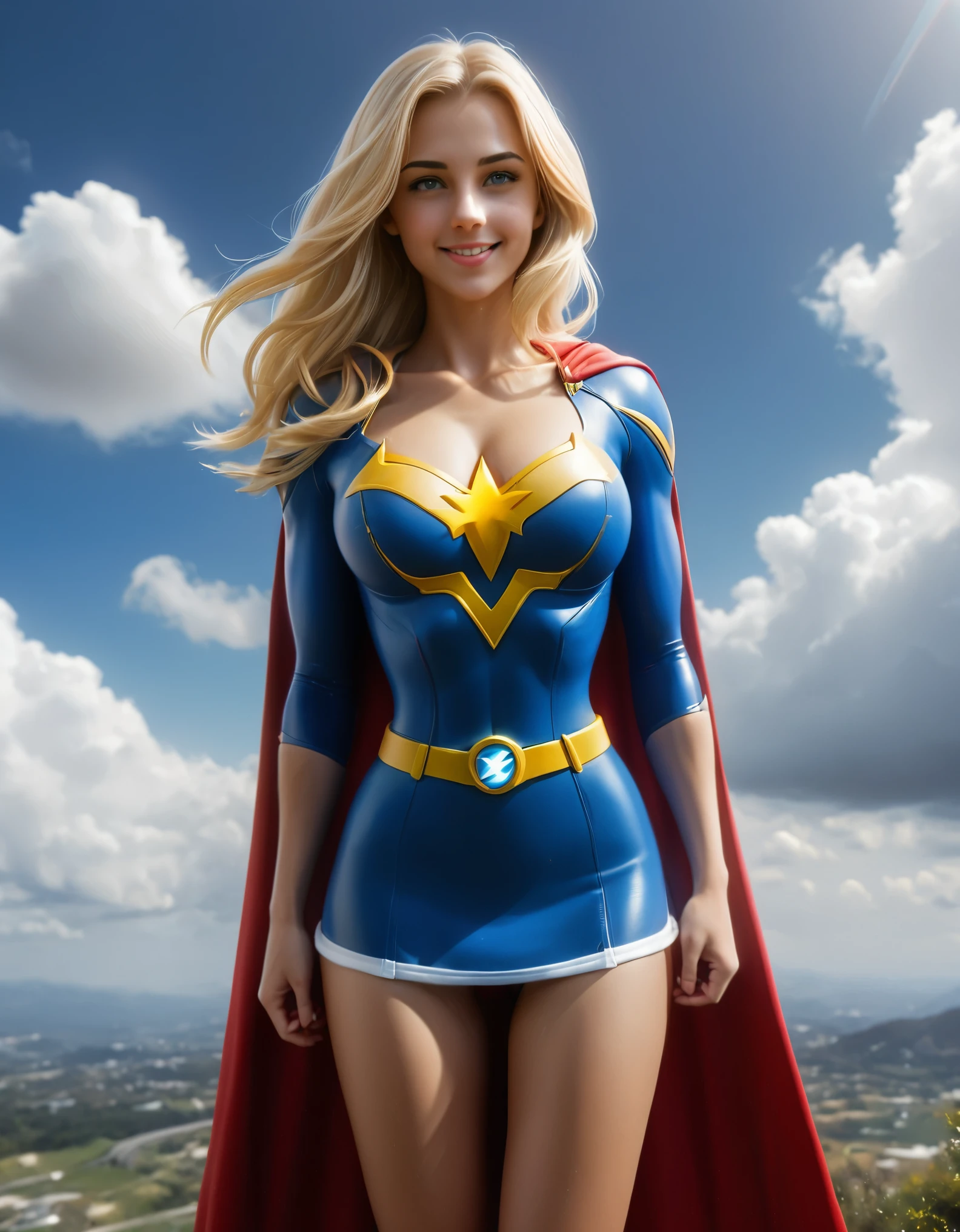 A beautiful blonde superheroine with long flowing hair stands confidently against a backdrop of a bright blue sky with fluffy white clouds. She is wearing a vibrant blue costume with a red and yellow "S" emblem on her chest, and a red extra short mini skirt. Her outfit also includes a red cape that billows in the wind, and a yellow belt around her waist. The superheroine's midriff is exposed, showing her toned abs. She has a radiant, confident smile and her eyes sparkle with determination. The overall lighting is soft and highlights her features, giving a sense of optimism and heroism. The image has a realistic yet slightly stylized art style, with smooth, detailed shading and vibrant colors. (ultra realistic:1.7), (vibrant colors:1.5), 8k