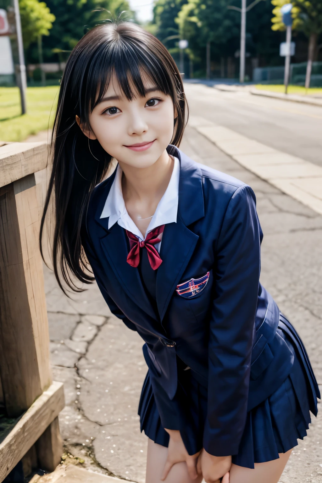 Woman posing for a photo, Japanese Model Model, 16 year old female model, 4K、Bans、Black-haired、Beaver、Mid-length hair、Straight hair、(A dark blue blazer and a red tie, navy check pleated skirt:1.2), (Super cute idol-like face:1.2)、In front of the school main gate、Slim and beautiful figure、Beautiful breasts、Laughter、Esbian all over、School Gate Beautiful Legs、White socks、Wearing loafers、Body facing the viewer、Staring at the audience、, black hair, bangs, ponytail, floating hair, straight hair, light smile, closed mouth, Surrealism, Verism, cinematic lighting, motion lines, UHD, best quality, highres