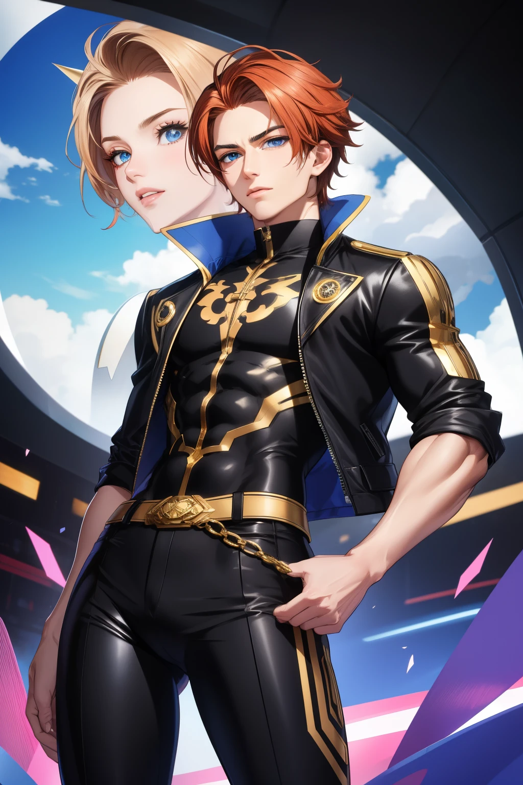 masterpiece, best quality, highres, absurdres, ultra detailed, defined eyes,Male, Oval Face, High Cheekbones, Defined Jawline, White skin, oval shaped eyes, Blue eyes, Full well defined eyebrows, Straight and well proportioned nose, Symmetrical face, Slim lips, Muscular figure, Spiky tousled hairstyle, Short mid length hair, Bold and glamorous, Ginger hair, gold and black jacket, black pants, standing, spinning