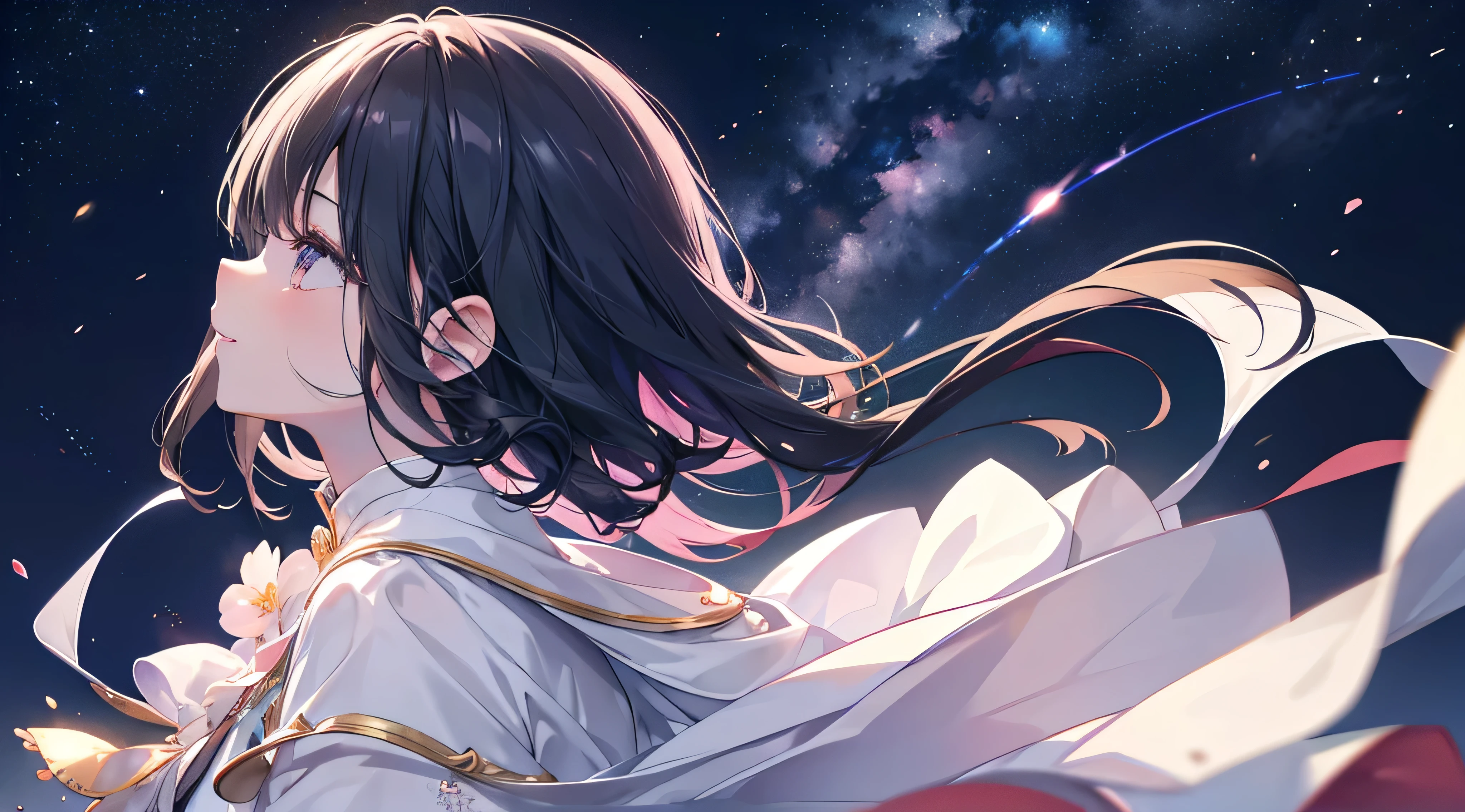 ((profile、look up)) 、Shining Night Sky,(Highest quality、masterpiece、Super fine、Super fine、Exquisite、16k、Full HD) 、((Big Move,happy,fun))mysterious、Black Hair,Soft sunlight、((Clear skies)) 、smile、(Full of energy)Black Eyes、Long eyelashes、White skin、Pale pink lips、Pale pink cheeks、thin and long)、 ((cute)) ((one person)),