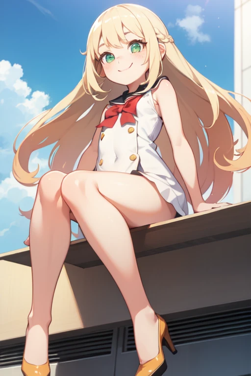 very cute littlle, micro body frame, very small midget, ,extremely long platinum blonde braids hair, big green eyes, freckles on face, long , , view from below below, ,, sit on school ,big happy smile and whit vikiny of peach color of peach color
